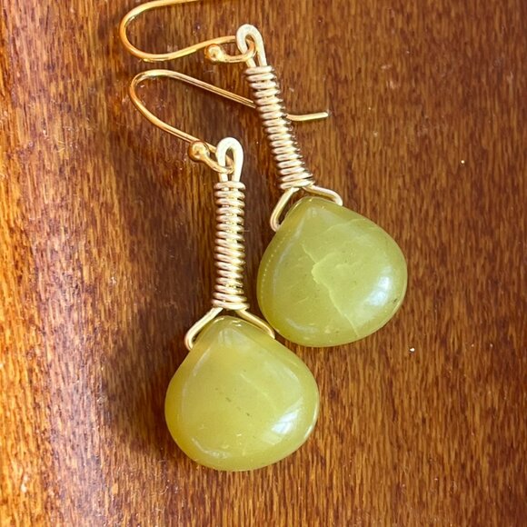 Jade Teardrop Earrings, Wire Wrapped, Handmade Dangle Earrings - Picture 3 of 4